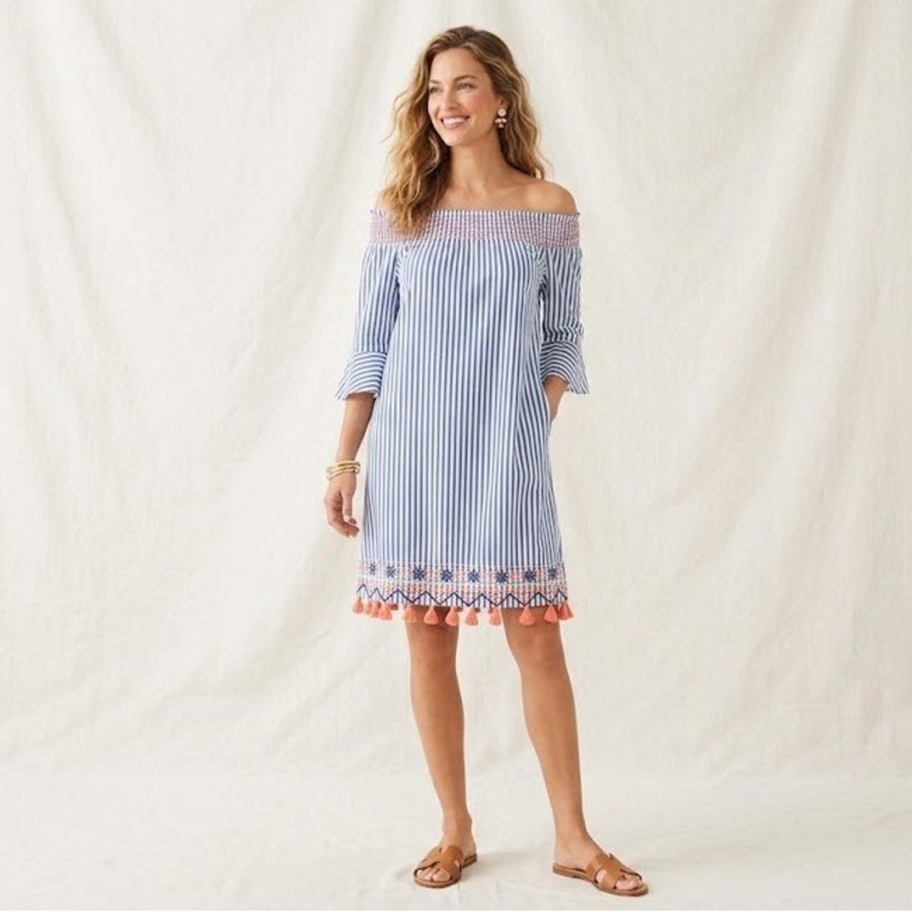 Cabana Life Blue & White Striped Off-Shoulder Coverup Dress  Large